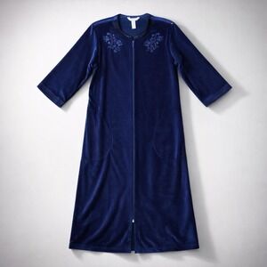 NWT Adonna Velour Zip Pockets Robe Floral Embroidered Cozy Soft Housecoat-S